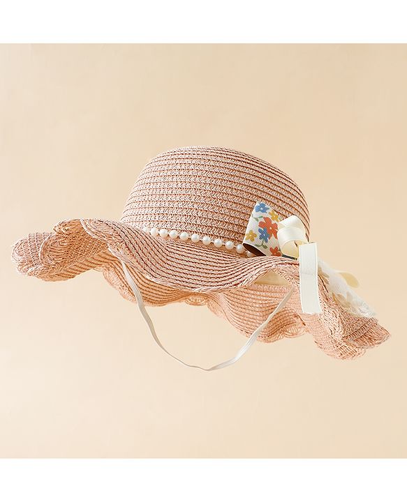 Babyhug Straw Hat With Floral Applique Pink - Diameter 16 cm