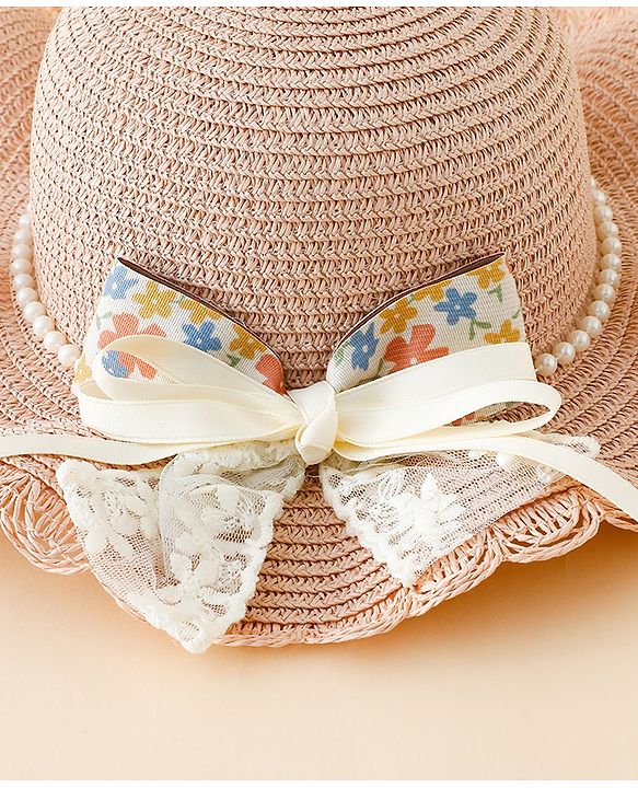 Babyhug Straw Hat With Floral Applique Pink - Diameter 16 cm