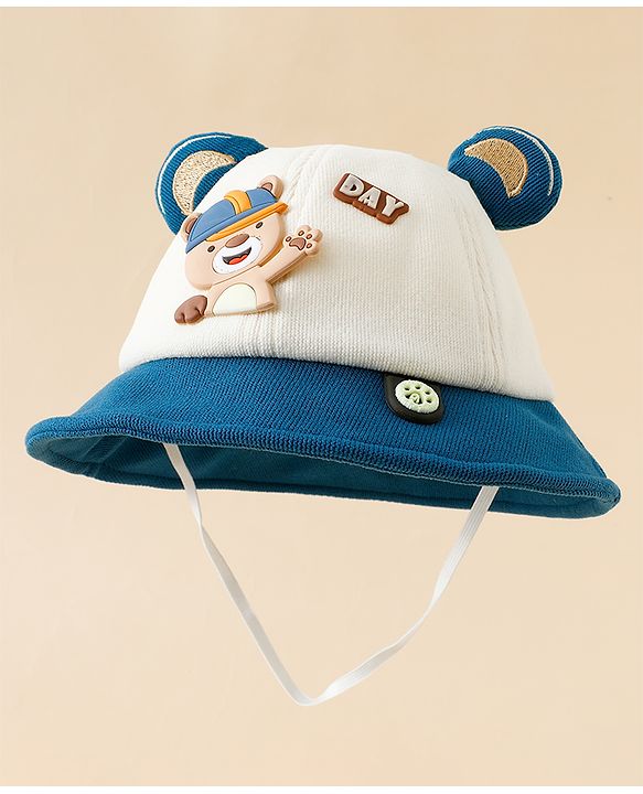 Babyhug Bucket Hat with Bear & Ear Applique Blue - Diameter 16 cm