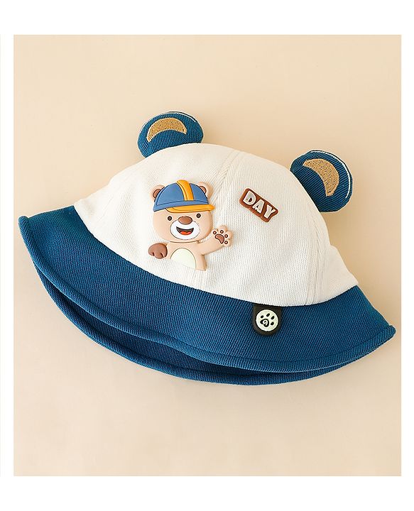 Babyhug Bucket Hat with Bear & Ear Applique Blue - Diameter 16 cm