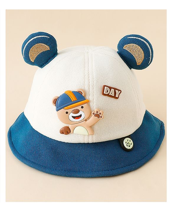 Babyhug Bucket Hat with Bear & Ear Applique Blue - Diameter 16 cm