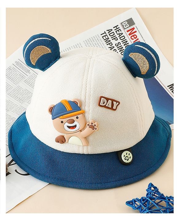 Babyhug Bucket Hat with Bear & Ear Applique Blue - Diameter 16 cm