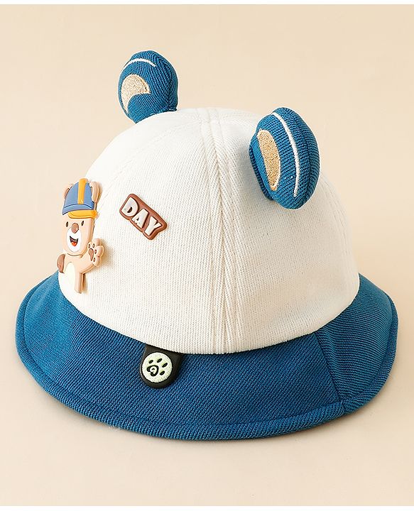 Babyhug Bucket Hat with Bear & Ear Applique Blue - Diameter 16 cm