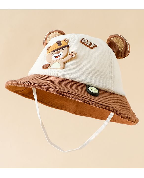 Babyhug Bucket Hat with Bear & Ear Applique Brown - Diameter 16 cm
