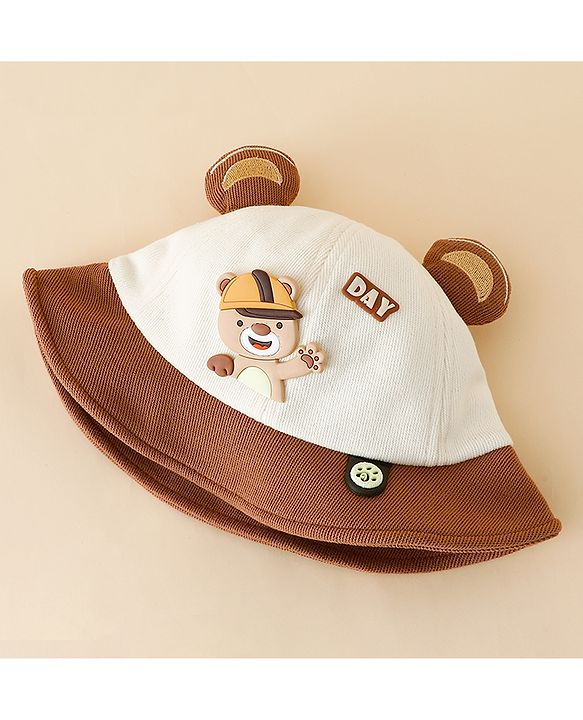 Babyhug Bucket Hat with Bear & Ear Applique Brown - Diameter 16 cm