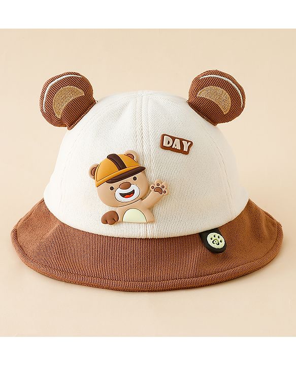 Babyhug Bucket Hat with Bear & Ear Applique Brown - Diameter 16 cm