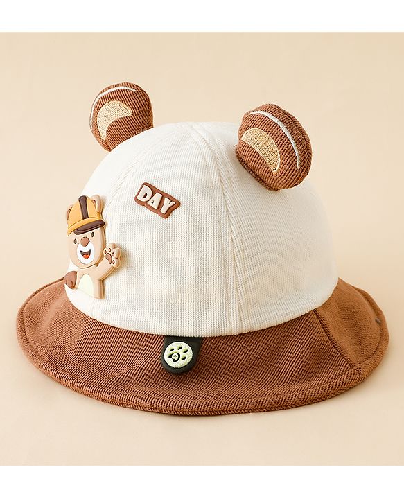 Babyhug Bucket Hat with Bear & Ear Applique Brown - Diameter 16 cm