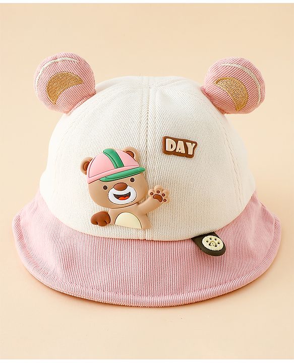Babyhug Bucket Hat with Bear & Ear Applique Blue - Diameter 16 cm