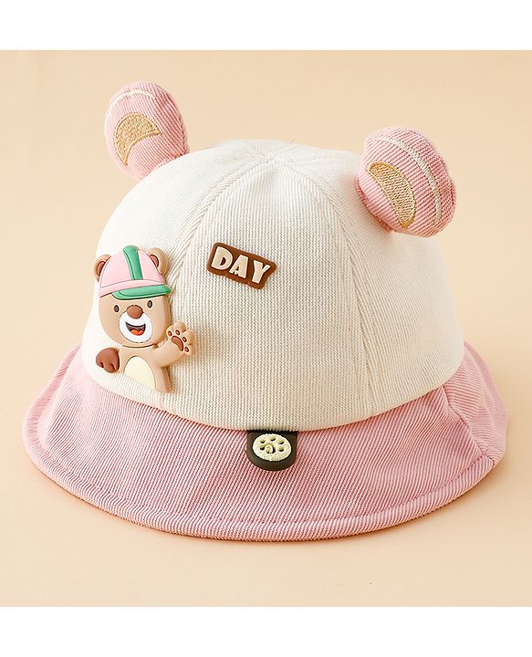 Babyhug Bucket Hat with Bear & Ear Applique Blue - Diameter 16 cm