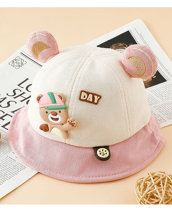 Babyhug Bucket Hat with Bear & Ear Applique Blue - Diameter 16 cm