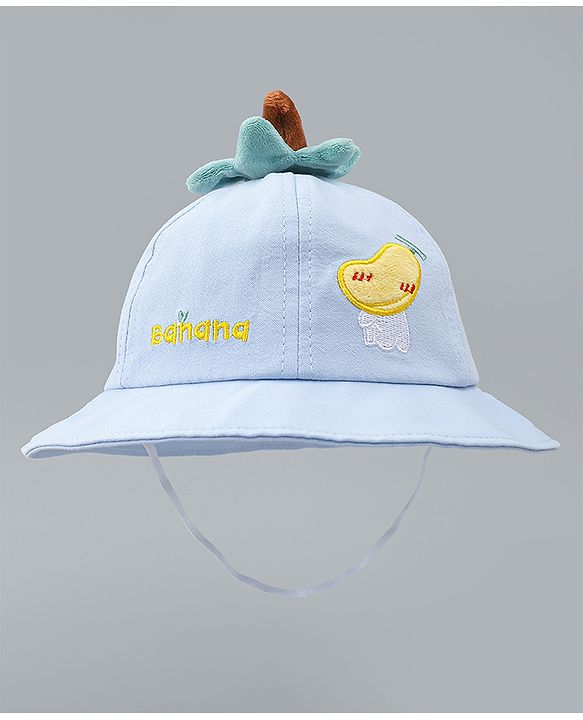 Babyhug Cotton Bucket Hat with Fruit Embroidery & Applique Light Blue - Diameter 16 cm