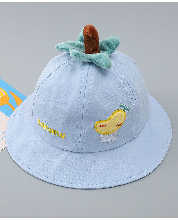 Babyhug Cotton Bucket Hat with Fruit Embroidery & Applique Light Blue - Diameter 16 cm