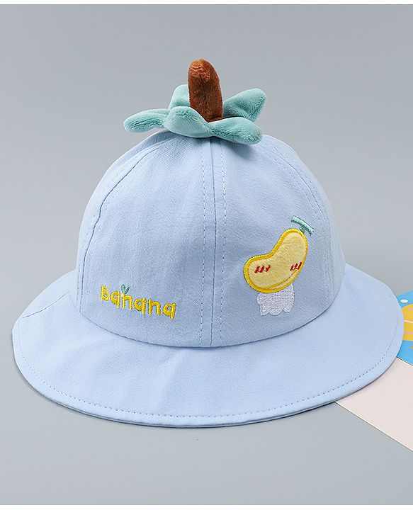 Babyhug Cotton Bucket Hat with Fruit Embroidery & Applique Light Blue - Diameter 16 cm