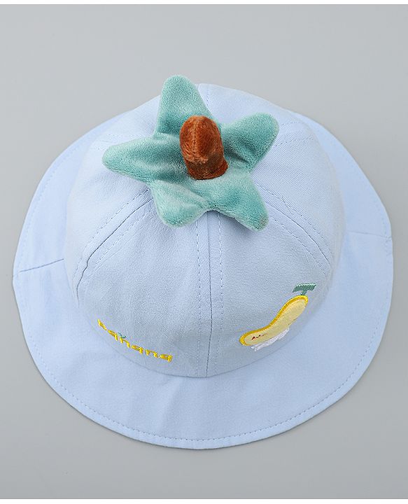 Babyhug Cotton Bucket Hat with Fruit Embroidery & Applique Light Blue - Diameter 16 cm