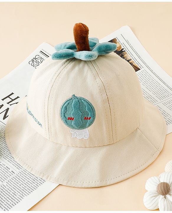 Babyhug Cotton Bucket Hat with Fruit Embroidery & Applique Light Blue - Diameter 16 cm