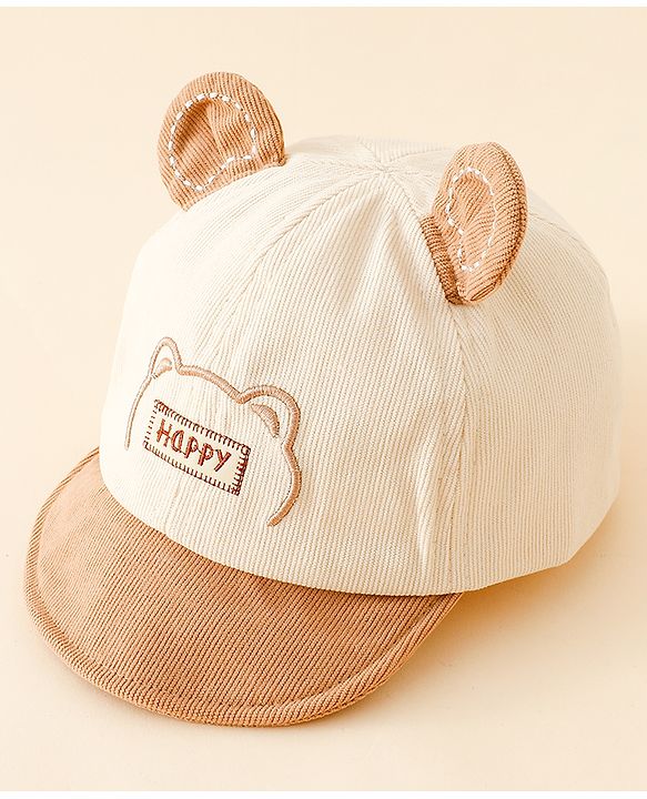 Babyhug Baseball Cap with Bear Embroidery & Ear Applique Beige - Diameter 17 cm