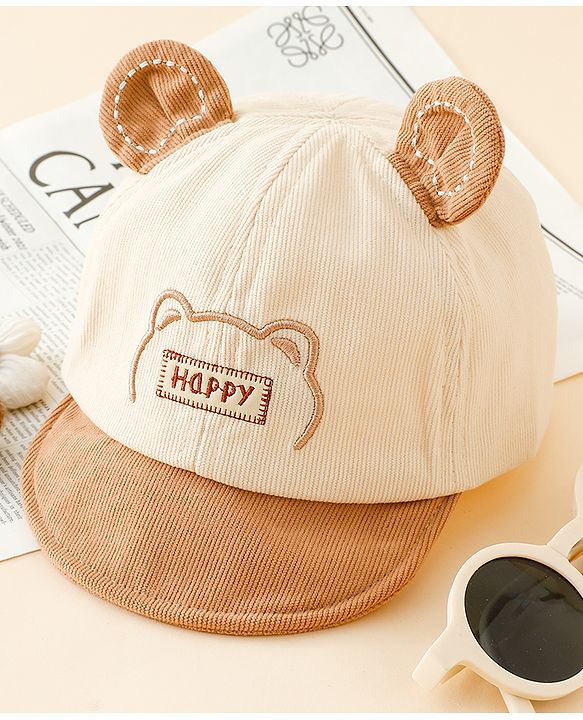 Babyhug Baseball Cap with Bear Embroidery & Ear Applique Beige - Diameter 17 cm