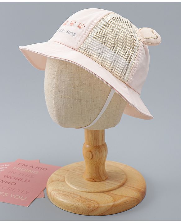 Babyhug Bucket Hat with Bear Embroidery & Ear Applique Light Pink - Diameter 16 cm