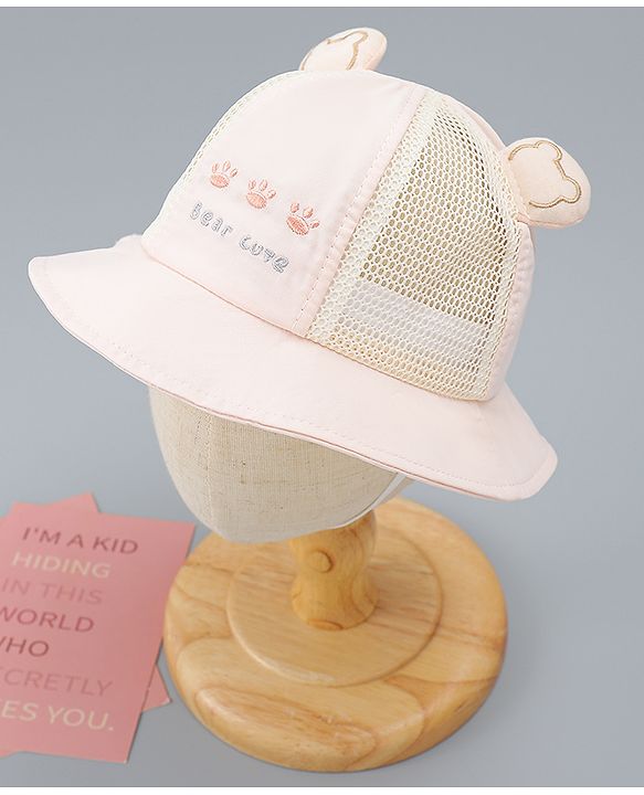 Babyhug Bucket Hat with Bear Embroidery & Ear Applique Light Pink - Diameter 16 cm