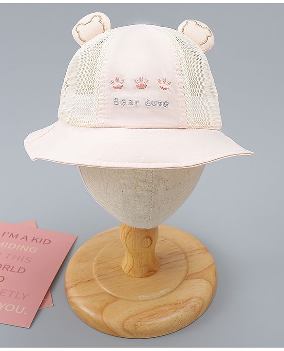 Babyhug Bucket Hat with Bear Embroidery & Ear Applique Light Pink - Diameter 16 cm