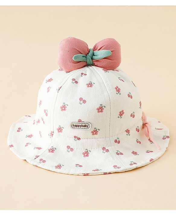 Babyhug Bucket Hat with Floral Print & Bow Applique Pink - Diameter 16 cm