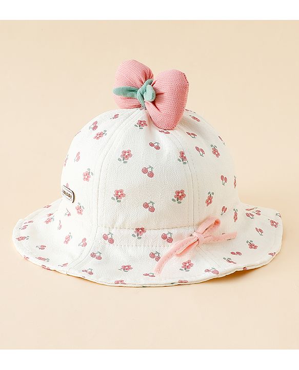 Babyhug Bucket Hat with Floral Print & Bow Applique Pink - Diameter 16 cm
