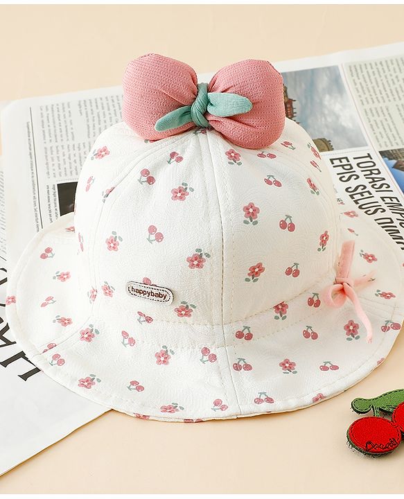 Babyhug Bucket Hat with Floral Print & Bow Applique Pink - Diameter 16 cm