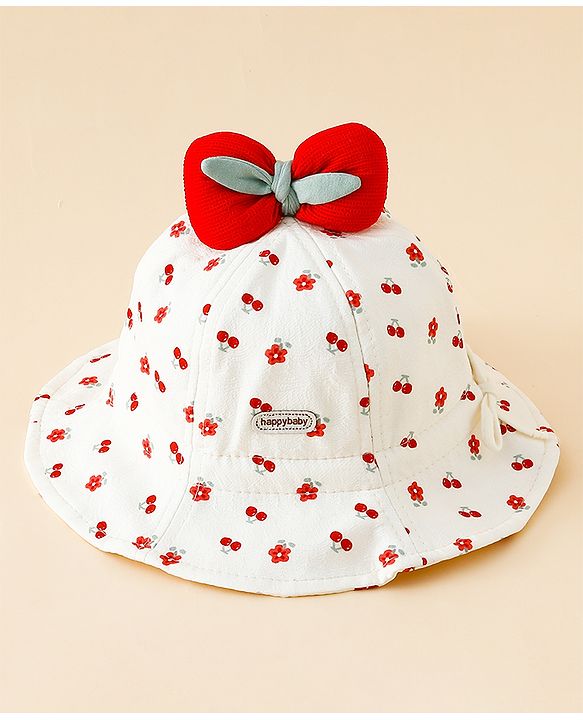 Babyhug Bucket Hat with Floral Print & Bow Applique Pink - Diameter 16 cm