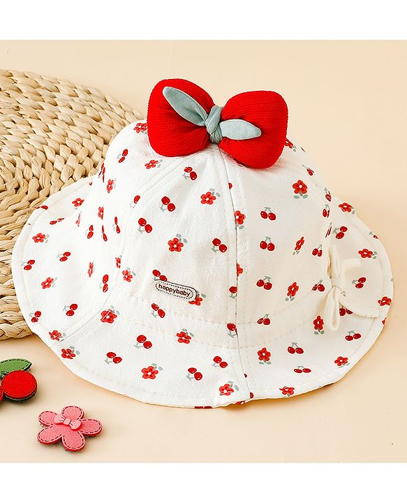 Babyhug Bucket Hat with Floral Print & Bow Applique Pink - Diameter 16 cm
