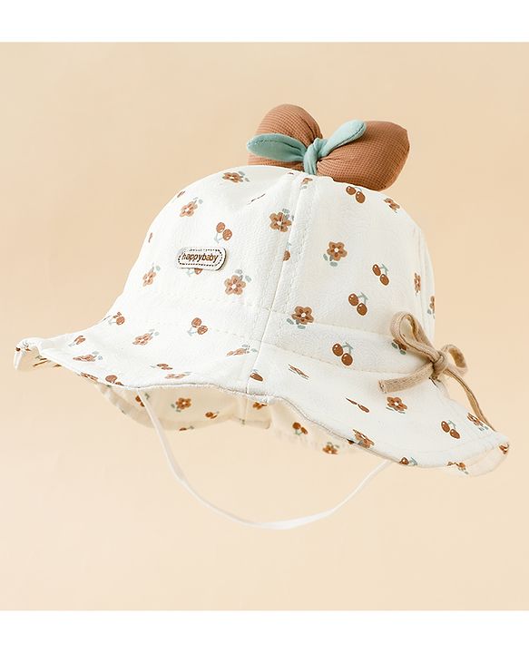 Babyhug Bucket Hat with Floral Print & Bow Applique Pink - Diameter 16 cm