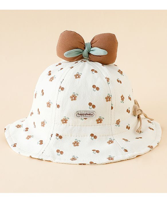 Babyhug Bucket Hat with Floral Print & Bow Applique Pink - Diameter 16 cm