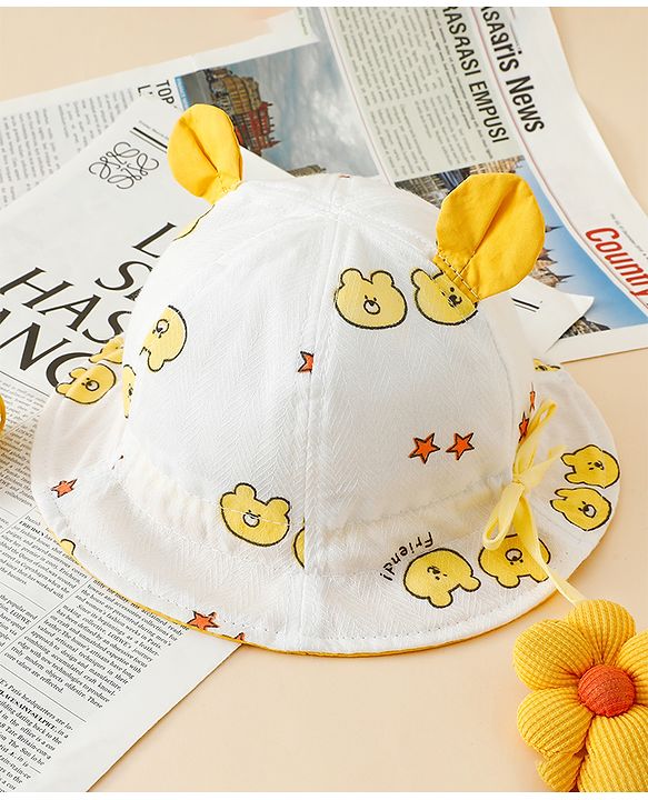 Babyhug Bucket Hat with Bear Print & Ear Applique Yellow - Diameter 16 cm