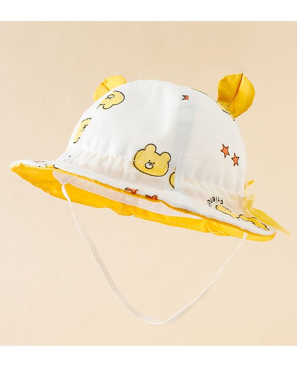 Babyhug Bucket Hat with Bear Print & Ear Applique Yellow - Diameter 16 cm