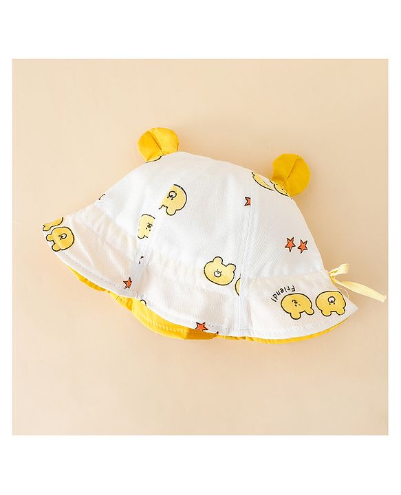 Babyhug Bucket Hat with Bear Print & Ear Applique Yellow - Diameter 16 cm