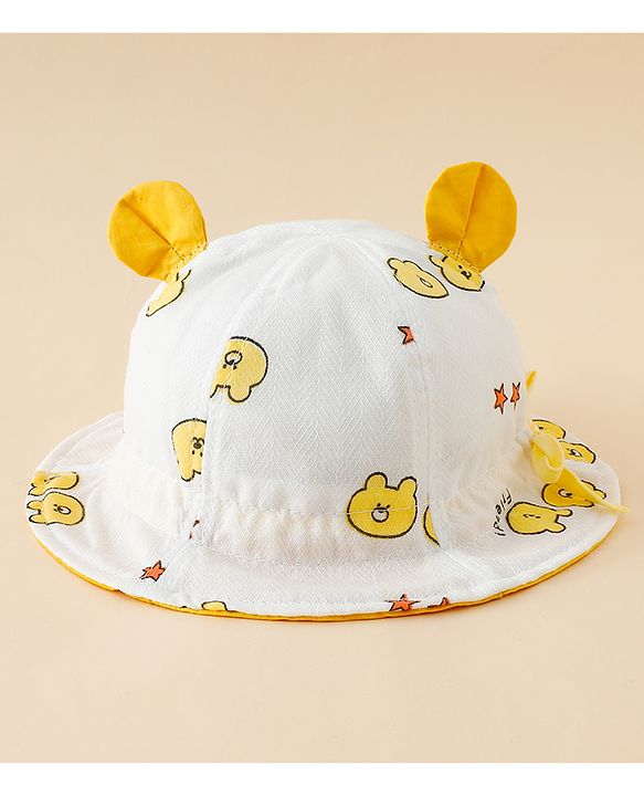 Babyhug Bucket Hat with Bear Print & Ear Applique Yellow - Diameter 16 cm