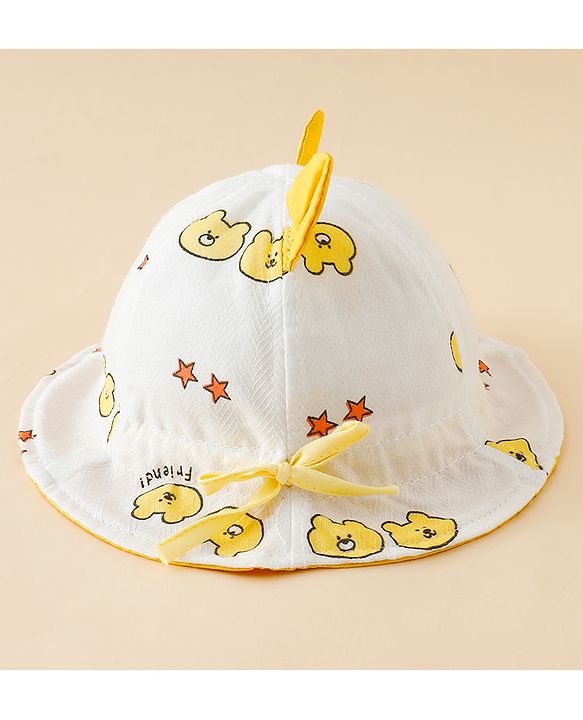 Babyhug Bucket Hat with Bear Print & Ear Applique Yellow - Diameter 16 cm