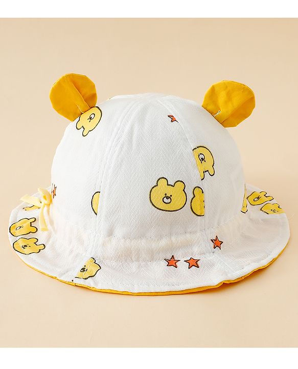 Babyhug Bucket Hat with Bear Print & Ear Applique Yellow - Diameter 16 cm