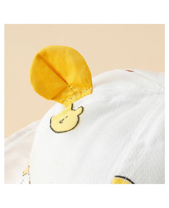 Babyhug Bucket Hat with Bear Print & Ear Applique Yellow - Diameter 16 cm