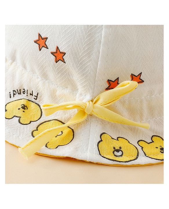Babyhug Bucket Hat with Bear Print & Ear Applique Yellow - Diameter 16 cm