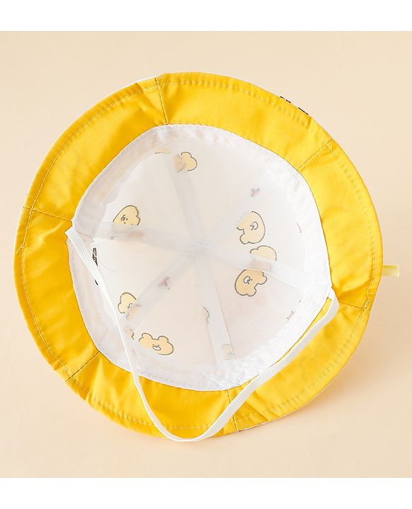 Babyhug Bucket Hat with Bear Print & Ear Applique Yellow - Diameter 16 cm