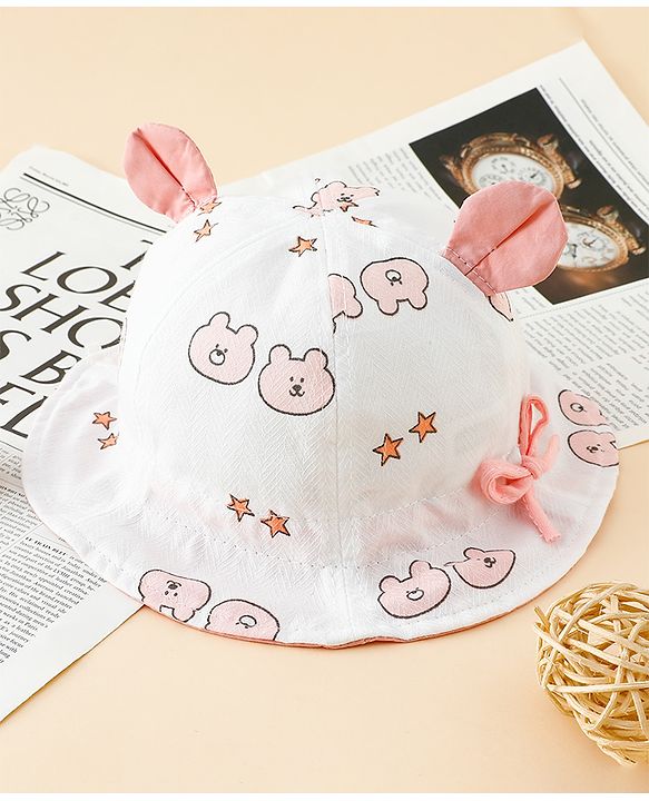 Babyhug Bucket Hat with Bear Print & Ear Applique Yellow - Diameter 16 cm