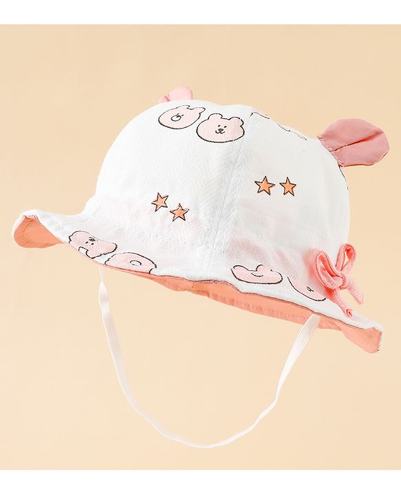 Babyhug Bucket Hat with Bear Print & Ear Applique Yellow - Diameter 16 cm