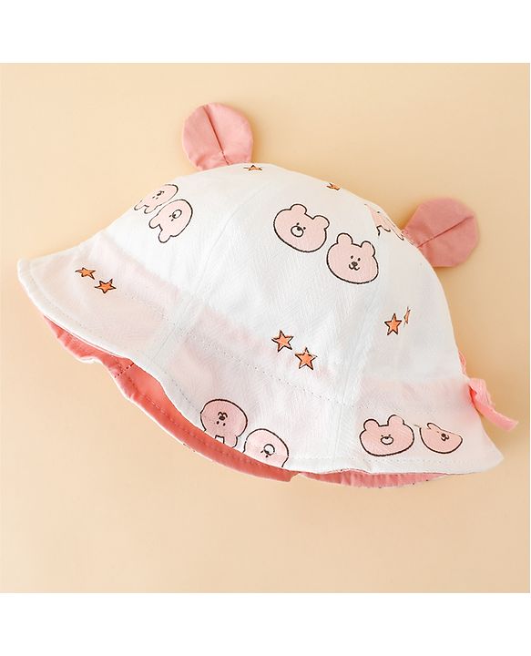 Babyhug Bucket Hat with Bear Print & Ear Applique Yellow - Diameter 16 cm