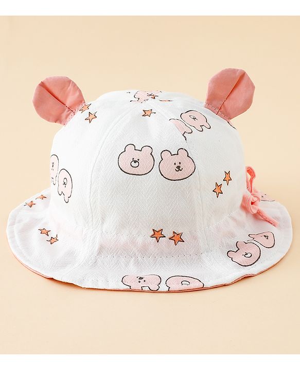 Babyhug Bucket Hat with Bear Print & Ear Applique Yellow - Diameter 16 cm