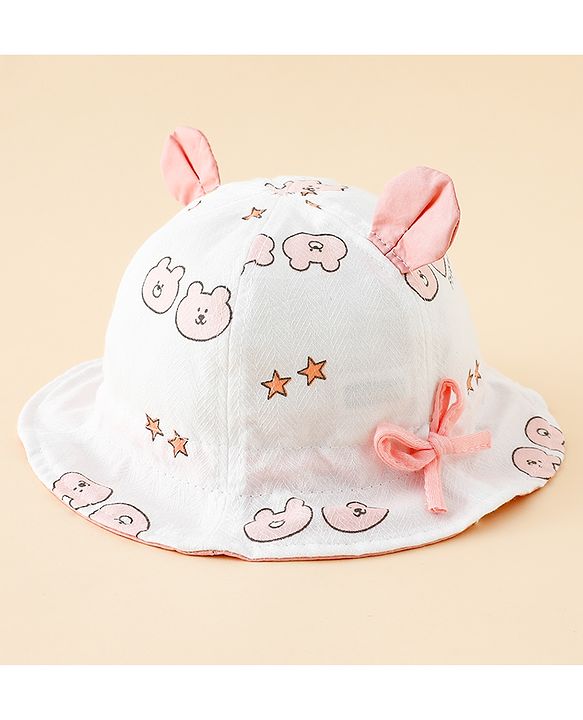 Babyhug Bucket Hat with Bear Print & Ear Applique Yellow - Diameter 16 cm