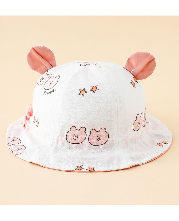 Babyhug Bucket Hat with Bear Print & Ear Applique Yellow - Diameter 16 cm