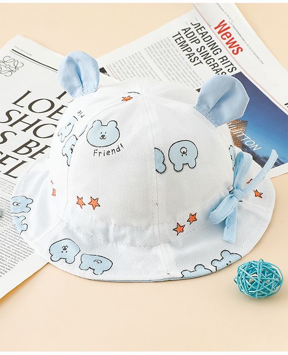 Babyhug Bucket Hat with Bear Print & Ear Applique Yellow - Diameter 16 cm