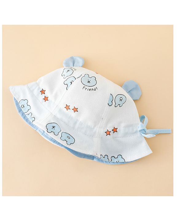 Babyhug Bucket Hat with Bear Print & Ear Applique Yellow - Diameter 16 cm