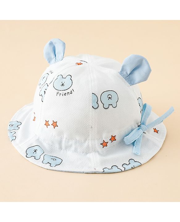 Babyhug Bucket Hat with Bear Print & Ear Applique Yellow - Diameter 16 cm
