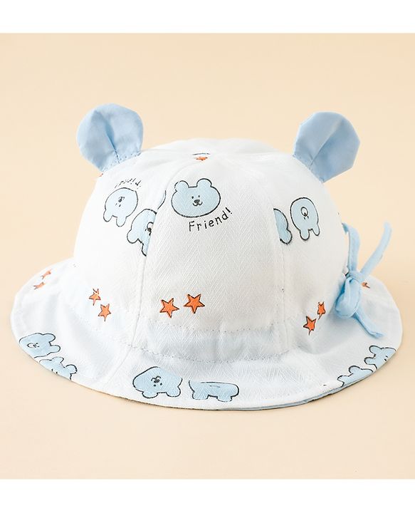 Babyhug Bucket Hat with Bear Print & Ear Applique Yellow - Diameter 16 cm
